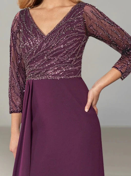A-Line V Neck Long Sleeve Mother Of The Bride Dresses