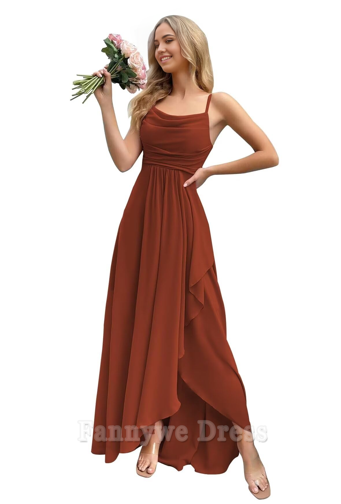 A-Linie Spaghetti Chiffon Wasserfallausschnitt Träger Abendkleider Brautjungfernkleider Abendkleid Ballkleid 