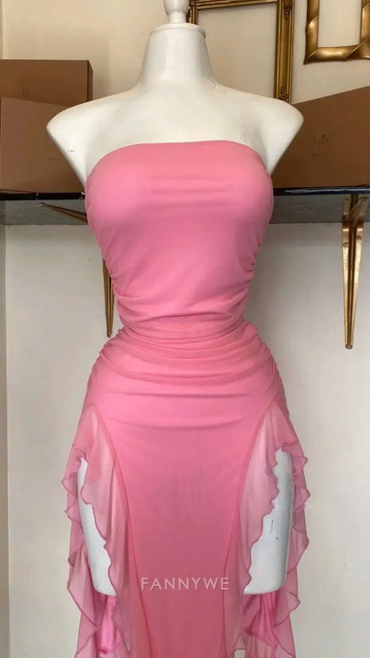 Sheath Strapless Ruffles Pink Long formal dresses Bridesmaid Dresses evening gown Prom Dress