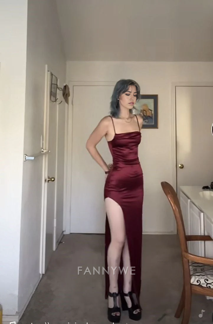 Sheath Spaghetti Straps Satin Wine Red Long formal dresses Bridesmaid Dresses evening gown Prom Dress