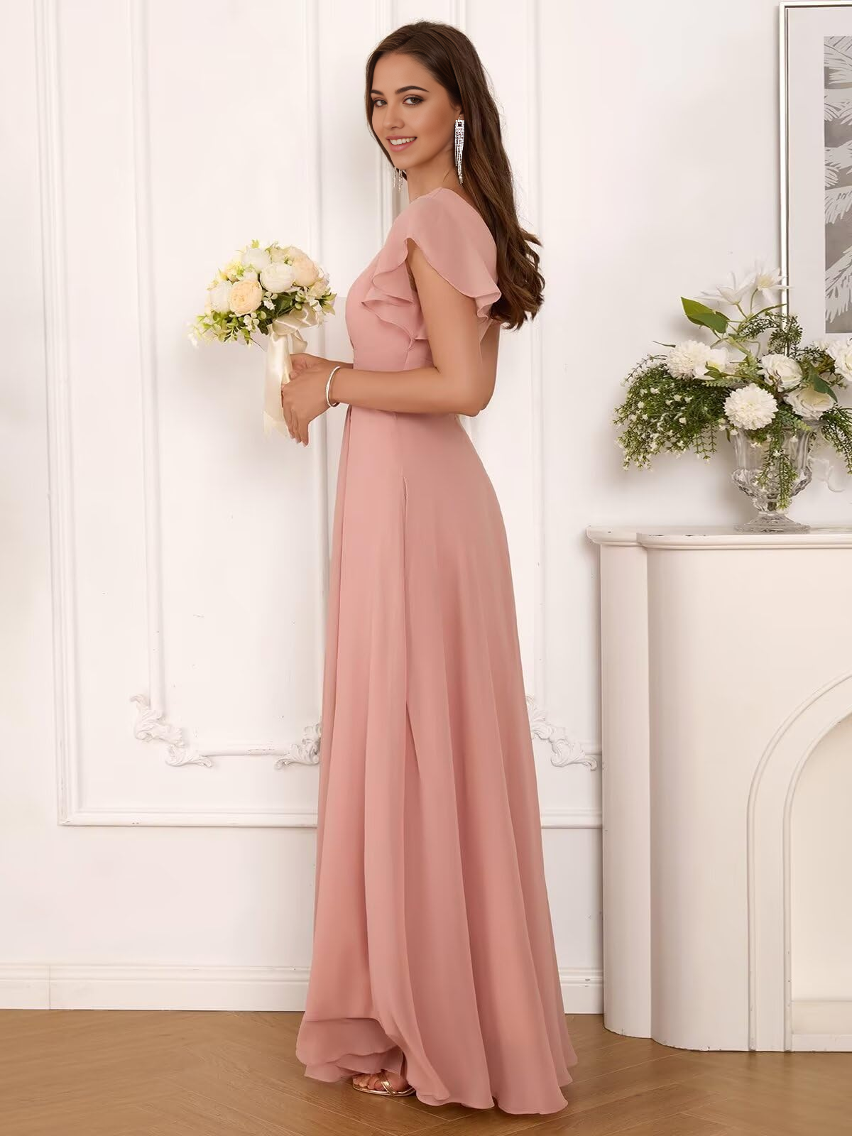 A Line V Neck Ruffle Sleeve Pleated Long Chiffon formal dresses evening gown Prom Dress with Slit