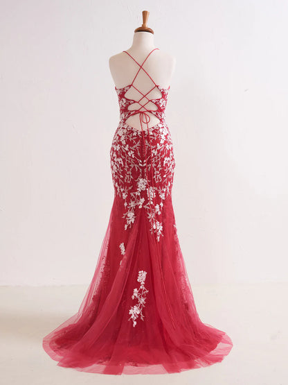 Vestido de fiesta largo de sirena con escote en V y apliques de cuentas