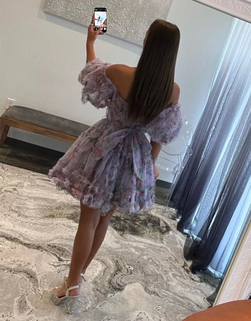 A-Line Sweet Off The Shoulder Short Tulle Homecoming Dresses Party Dress