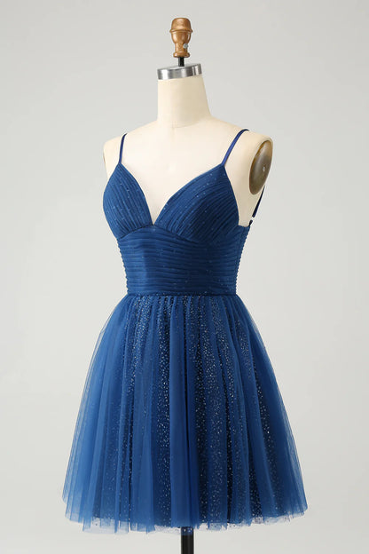 A Line Spaghetti Straps Tulle Lace- Up Back Homecoming Dress