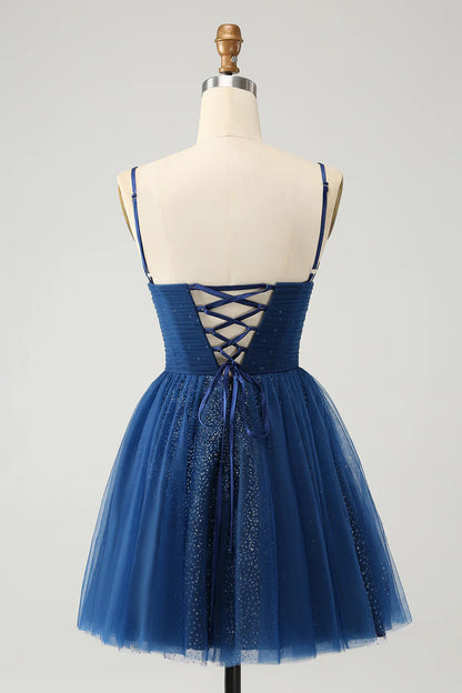 A Line Spaghetti Straps Tulle Lace- Up Back Homecoming Dress