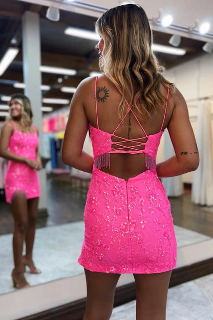 Bodycon Spaghetti Straps Short Homecoming Dress with Tassel