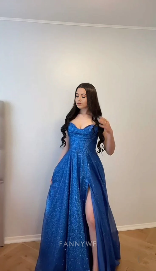 A-Linie Glänzende Träger Königsblau Lange Abendkleider Brautjungfernkleider Abendkleid Ballkleid