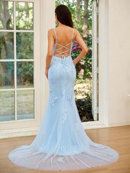 Mermaid Tulle Appliques Long Back Lace Up Spaghetti Straps formal dresses Bridesmaid Dresses evening gown Prom Dress