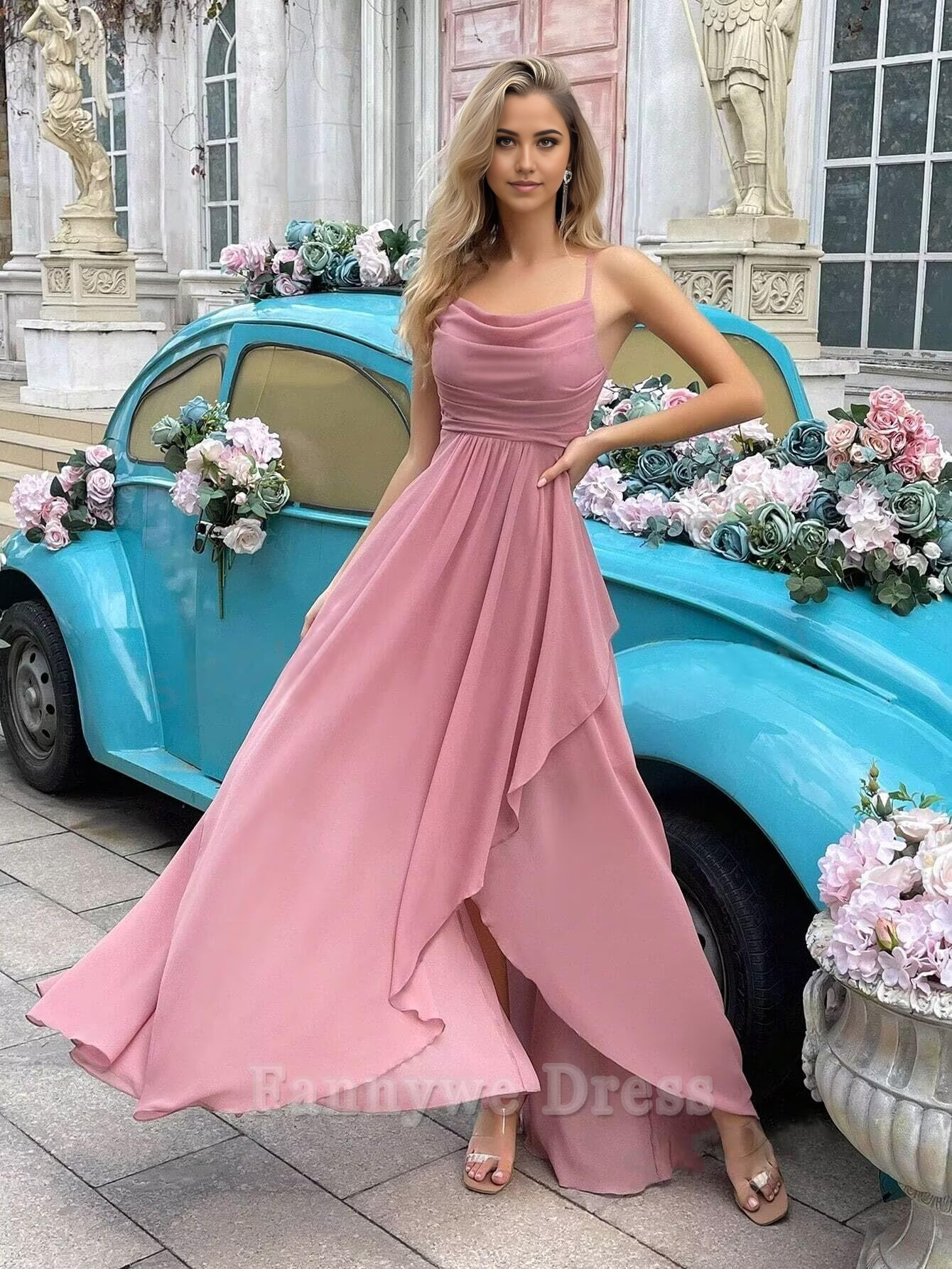 A-line Spaghetti Chiffon Cowl Neck Straps formal dresses Bridesmaid Dresses evening gown Prom Dress