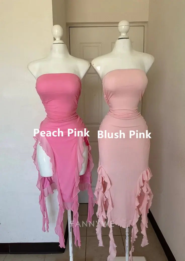 Sheath Strapless Ruffles Pink Long formal dresses Bridesmaid Dresses evening gown Prom Dress