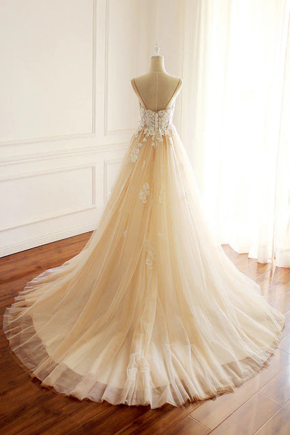 Tulle lace applique long prom dress