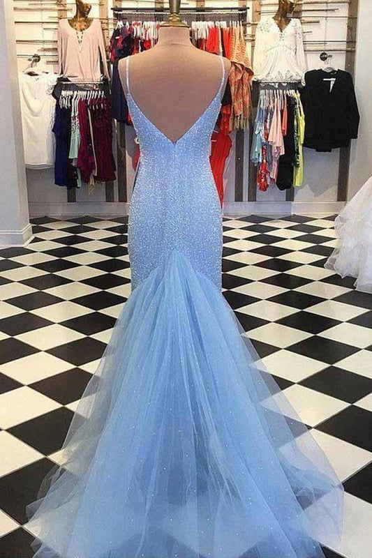Vestidos de fiesta con espalda descubierta, cuentas y tirantes de sirena