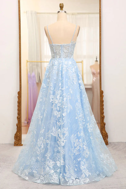 A-Line Spaghetti Straps Tulle Long Prom Dress With Appliques