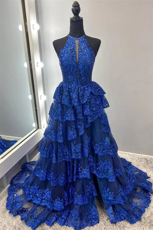 A Line Halter Neck Corset Prom Dress with Lace Ruffles