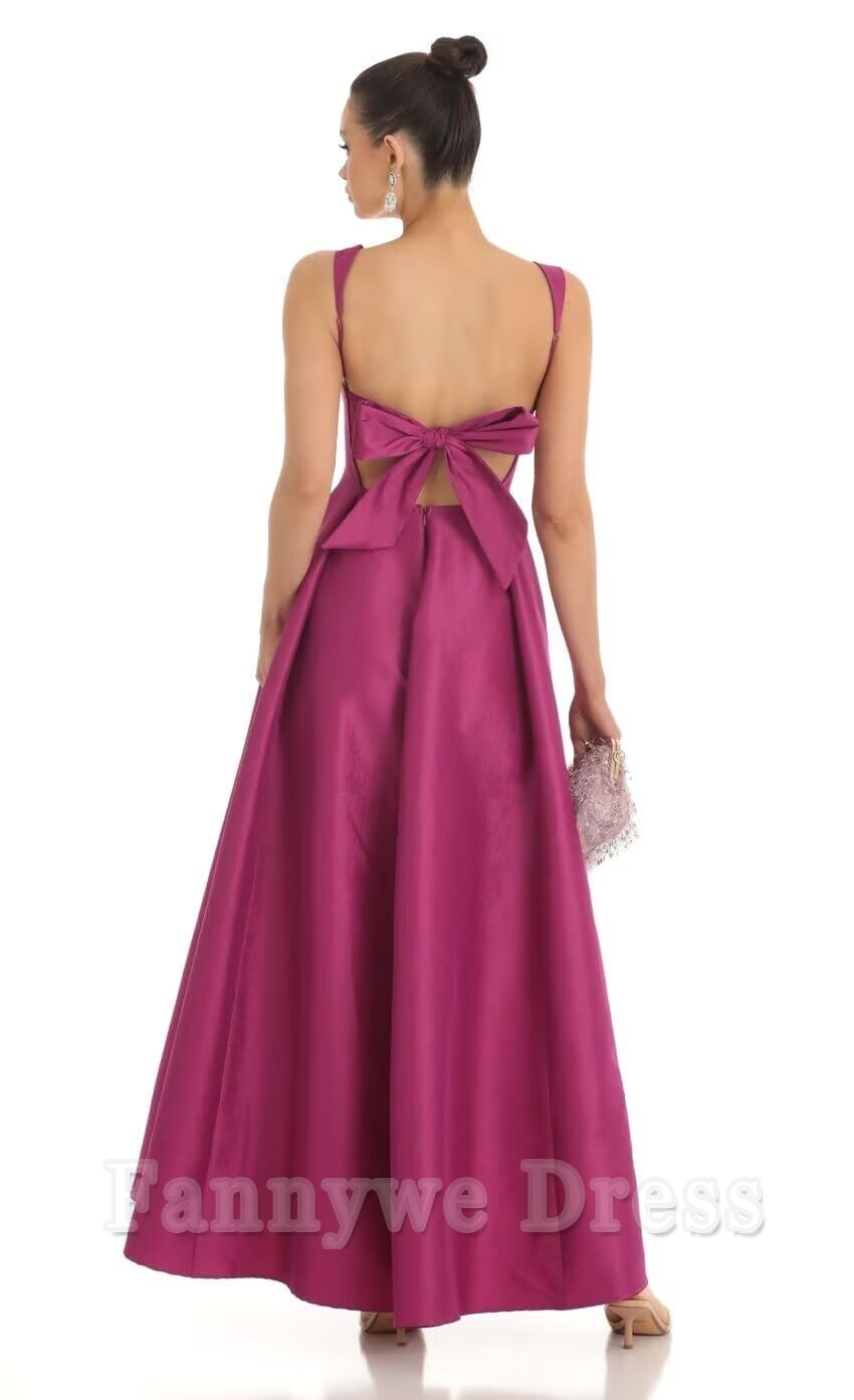 A Line Spaghetti Straps Satin formal dresses Bridesmaid Dresses evening gown Prom Dress Bow Bodycon