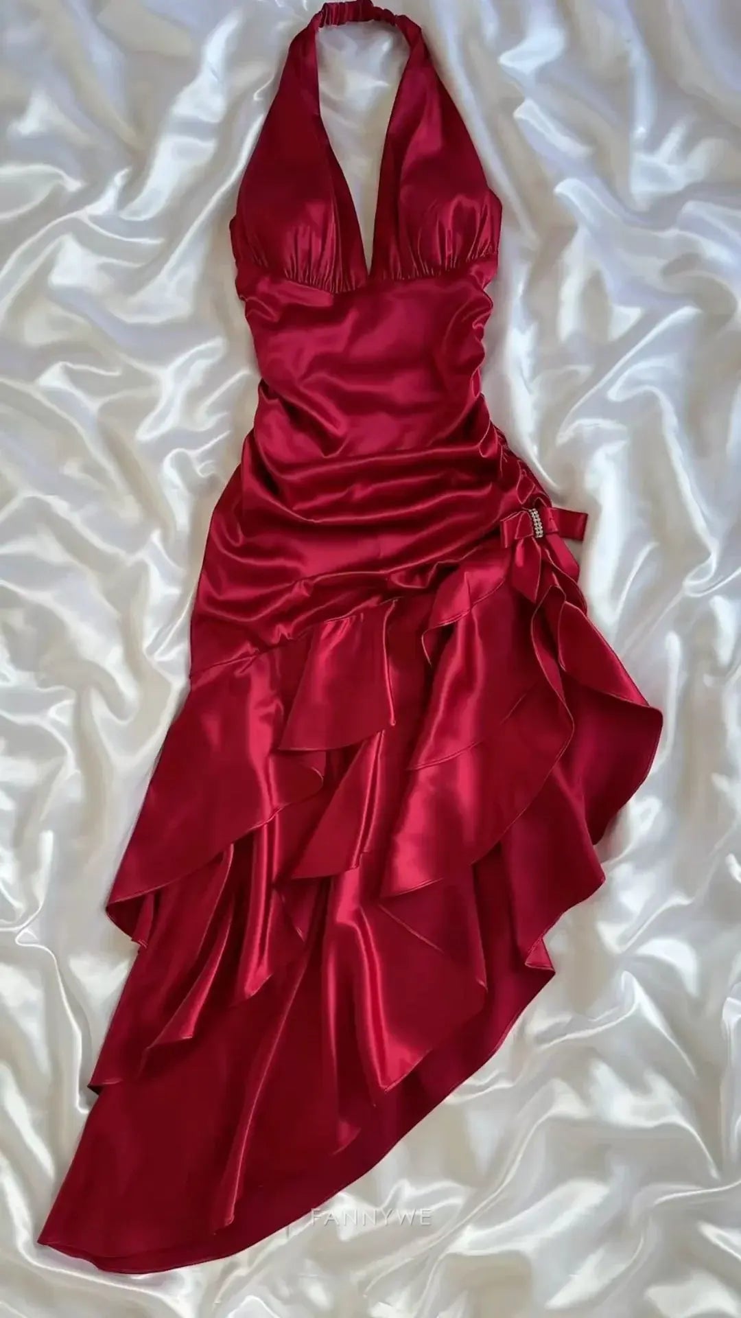 Vestido largo formal de satén estilo vintage con cuello halter y volantes color vino tinto, vestido de dama de honor, vestido de noche, vestido de fiesta. 