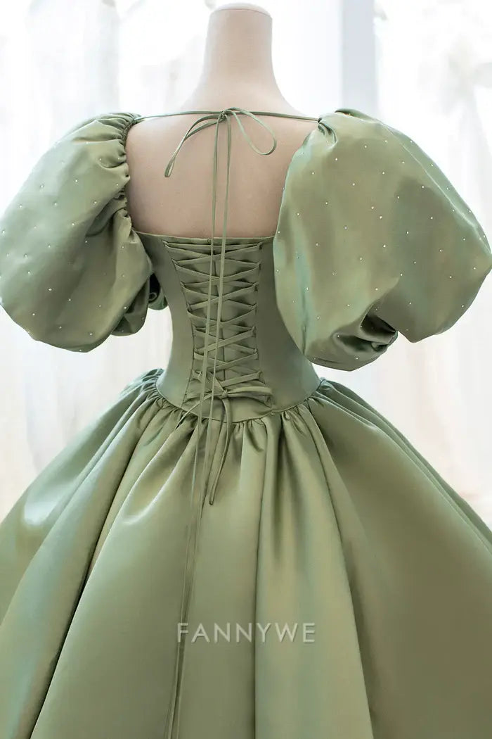 A-Line Puff Sleeves Satin Green Long formal dresses Bridesmaid Dresses evening gown Prom Dress