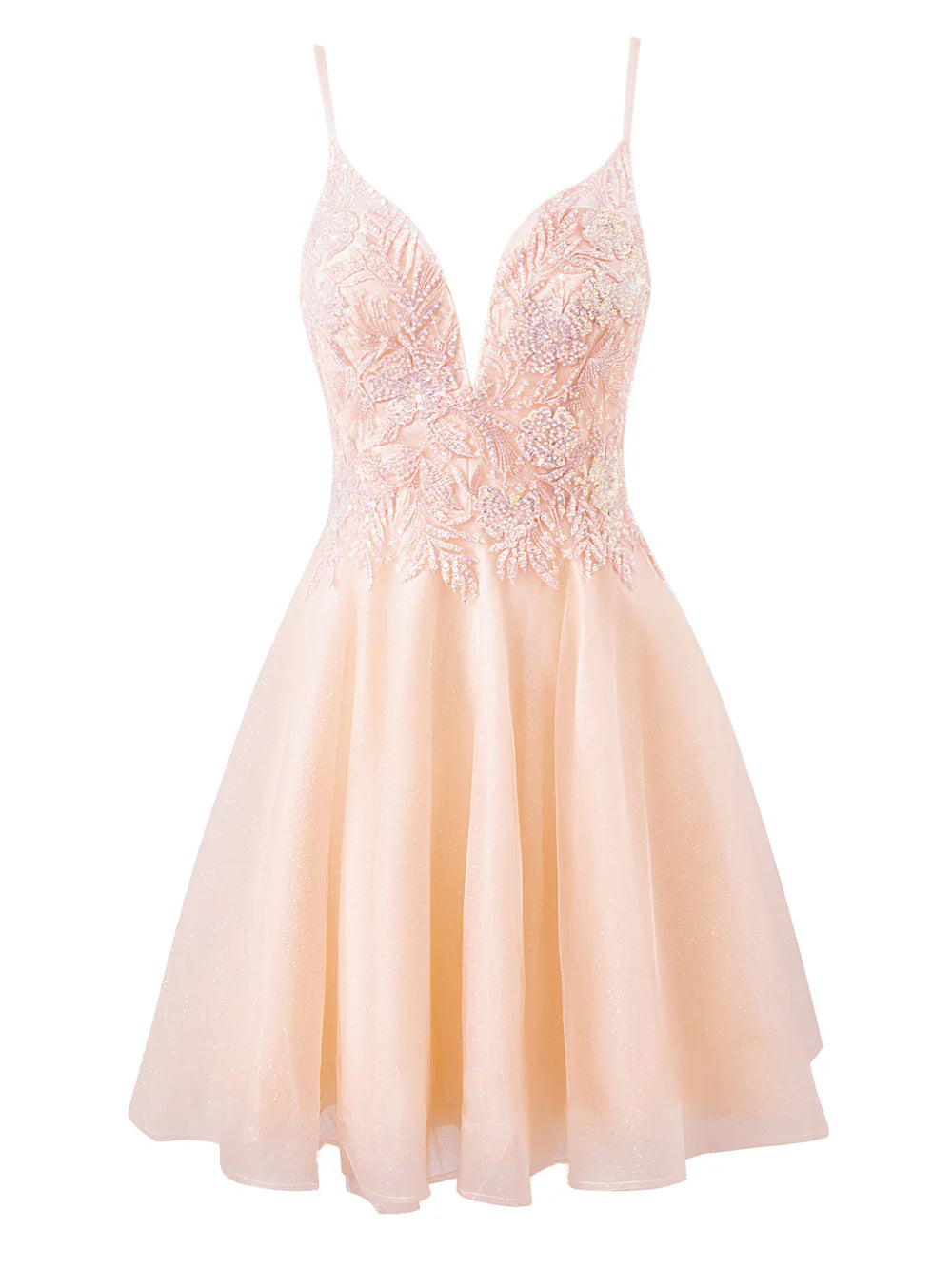 Vestido largo de fiesta con cola de barrido, tirantes finos, tul, apliques y corsé en forma de A