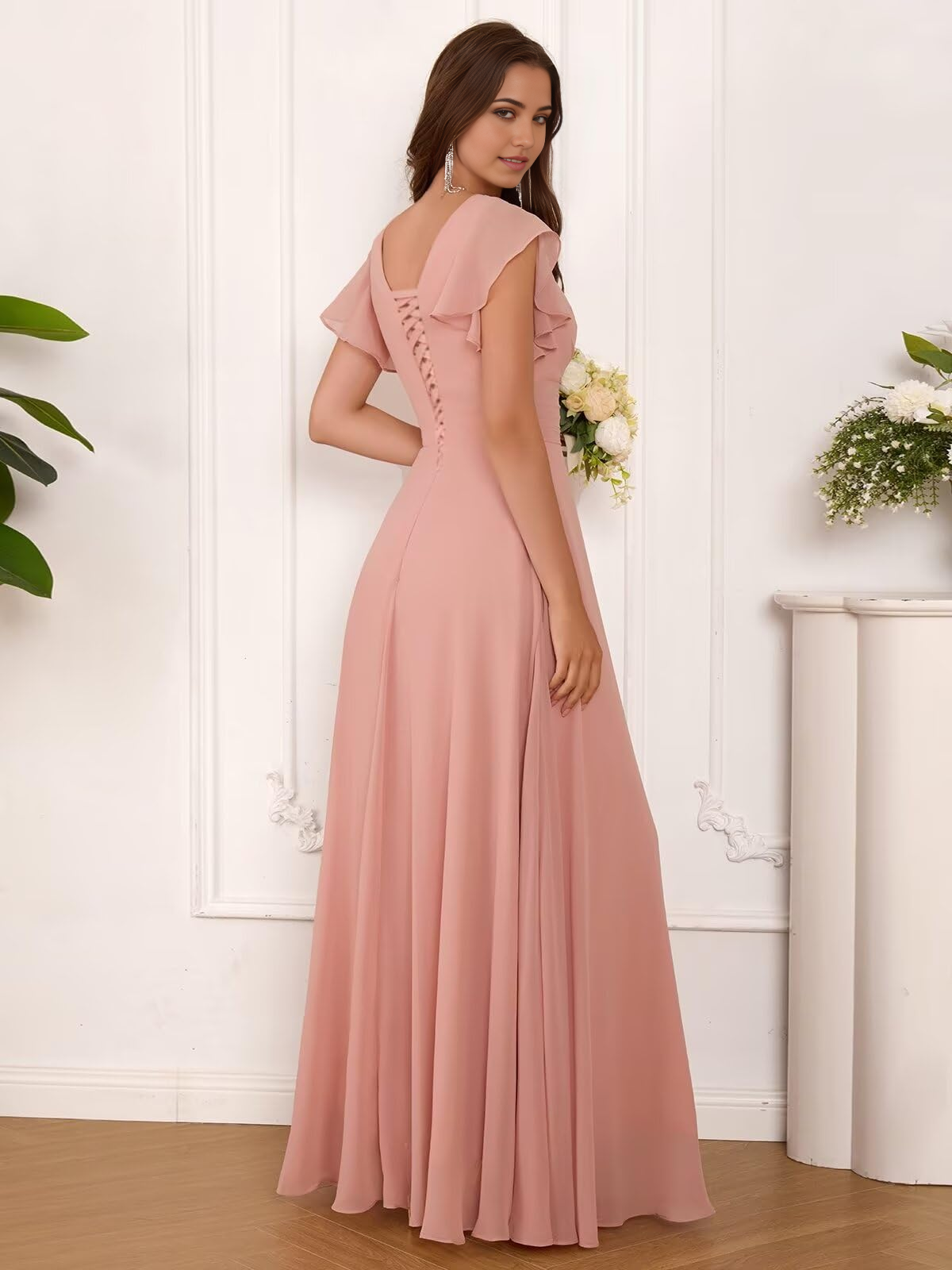 A Line V Neck Ruffle Sleeve Pleated Long Chiffon formal dresses evening gown Prom Dress with Slit