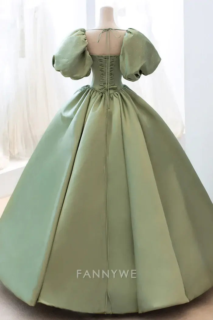 A-Line Puff Sleeves Satin Green Long formal dresses Bridesmaid Dresses evening gown Prom Dress