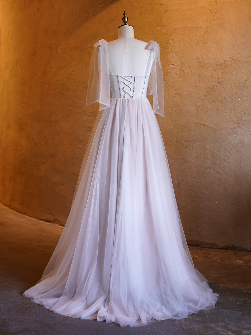 A-line Corset Applique Tulle Bow Straps sweep train Long Prom Dress