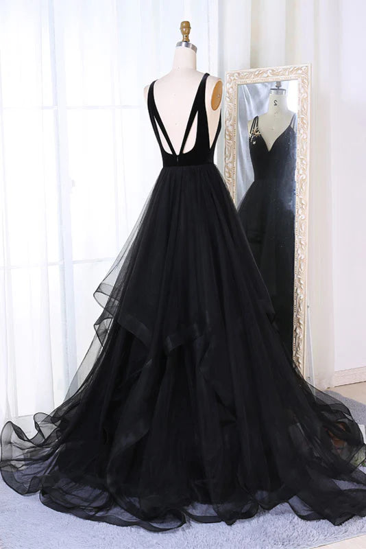Simple tulle v neck long prom dress