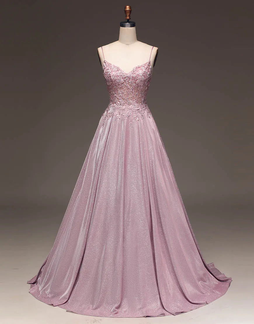 Vestido de fiesta largo con tirantes finos y purpurina en forma de A