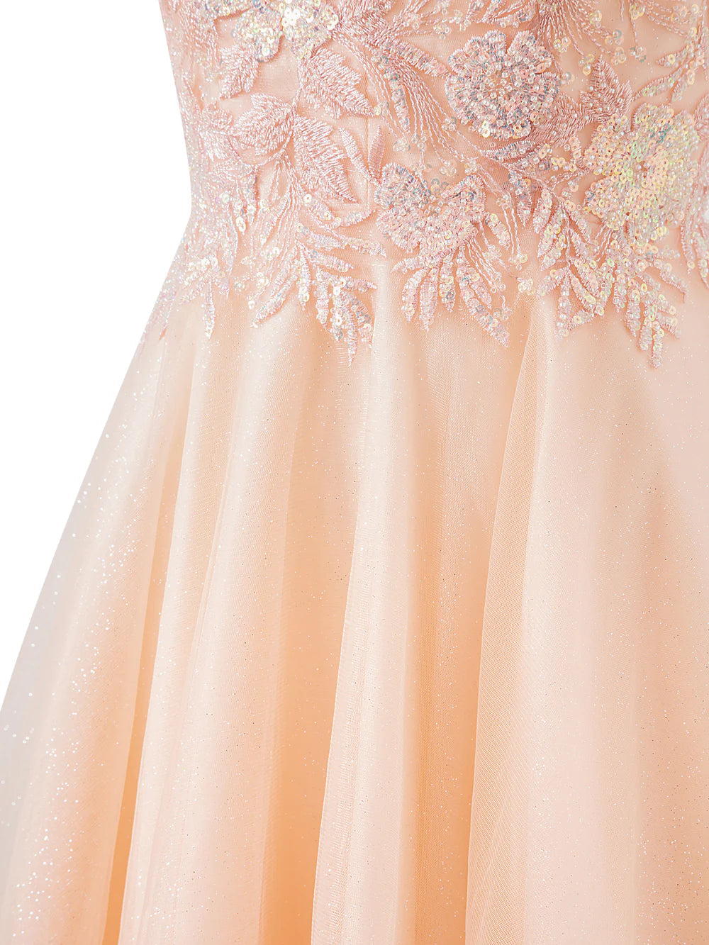 Vestido largo de fiesta con cola de barrido, tirantes finos, tul, apliques y corsé en forma de A