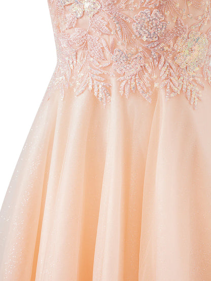 A-line Corset Applique Tulle Bow Straps sweep train Long Prom Dress Homecoming Dresses