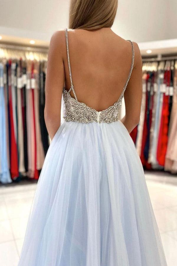 Tulle Long Backless Gown Prom Dresses