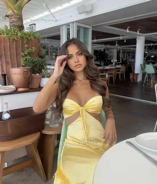 Vestido largo formal de satén amarillo sin tirantes, corte A, sencillo, para dama de honor, vestido de noche, vestido de fiesta 