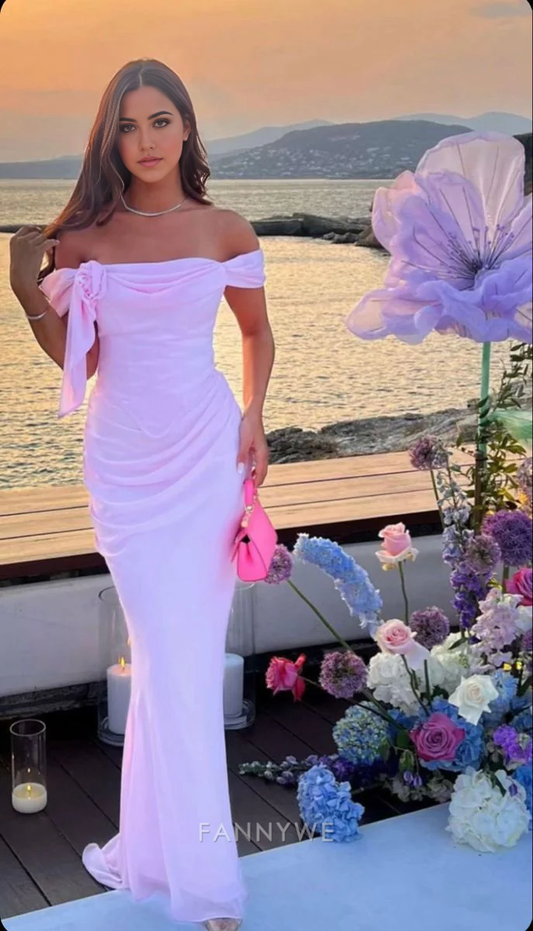 Meerjungfrau Elegant Off Schulter Rosa Lange Abendkleider Brautjungfernkleider Abendkleid Ballkleid 