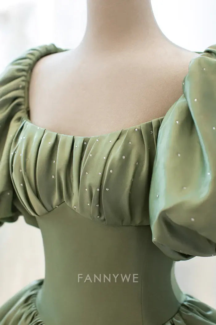 A-Line Puff Sleeves Satin Green Long formal dresses Bridesmaid Dresses evening gown Prom Dress