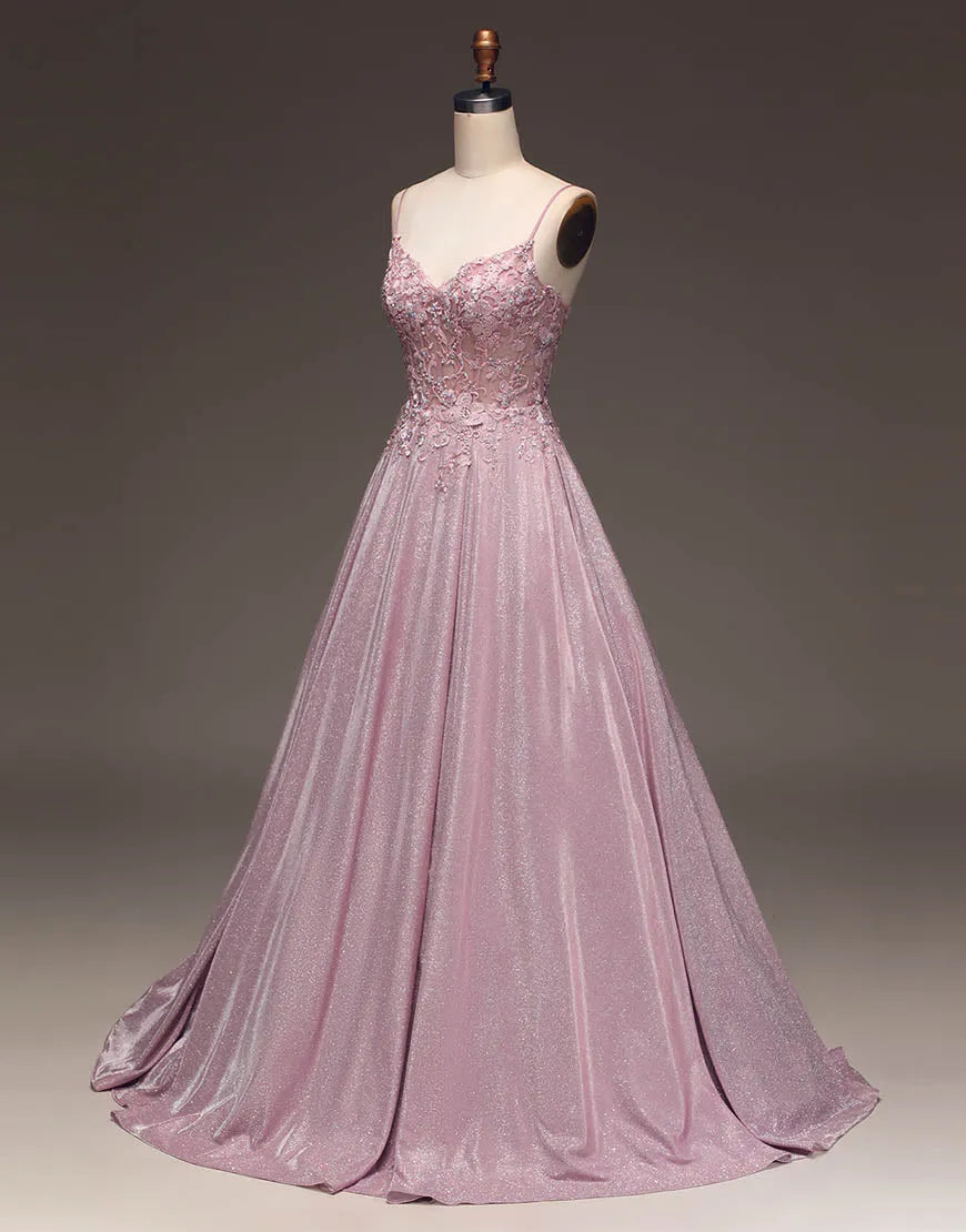 Vestido de fiesta largo con tirantes finos y purpurina en forma de A