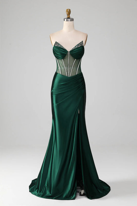 Vestido de fiesta de sirena con escote en forma de corazón y corsé con abertura frontal