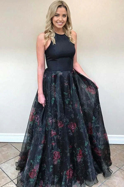 A-Line Open Back Sweep Train Black Tulle Sleeveless Prom Dress