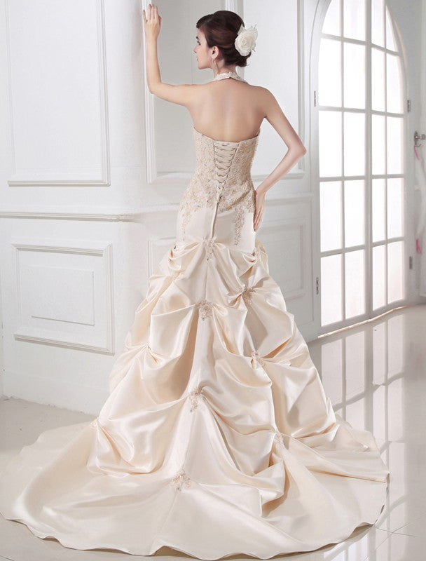 Mermaid Satin Halter Sleeveless Chapel Train With Applique Wedding Dresses