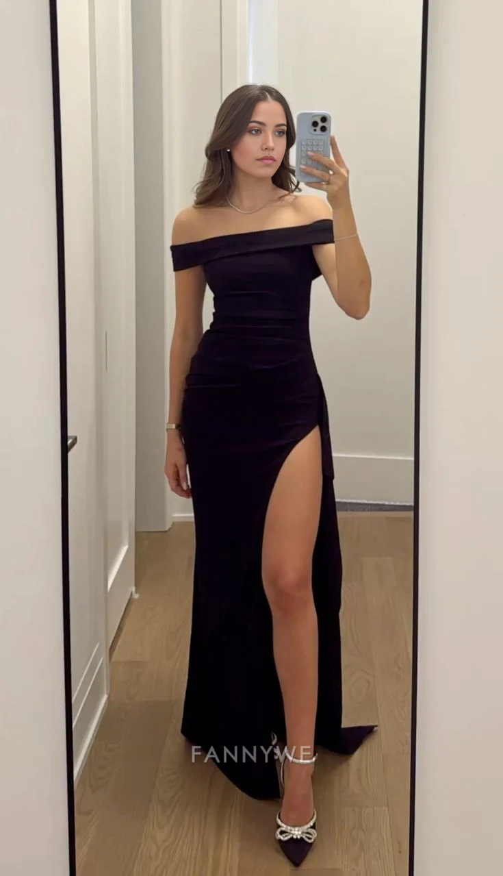 Sheath Elegant Off Shoulder Split Ivory Long formal dresses Bridesmaid Dresses evening gown Prom Dress