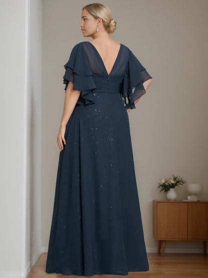 Plus Size A-Line Princess V-Neck Half Sleeves Floor-Length Mother of the Bride Dresses with Pleated