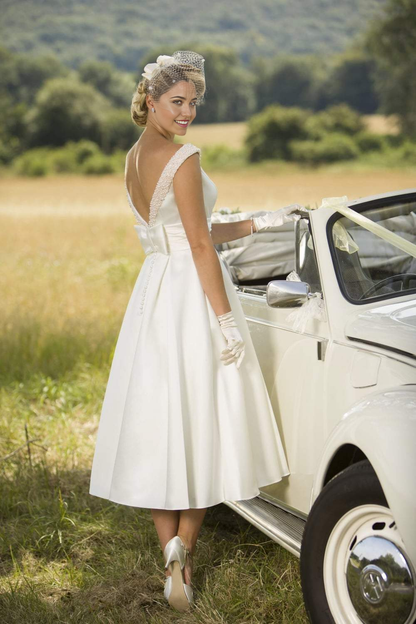 A Line sleeveless Scoop V Back Tea Length Satin Wedding Dresses