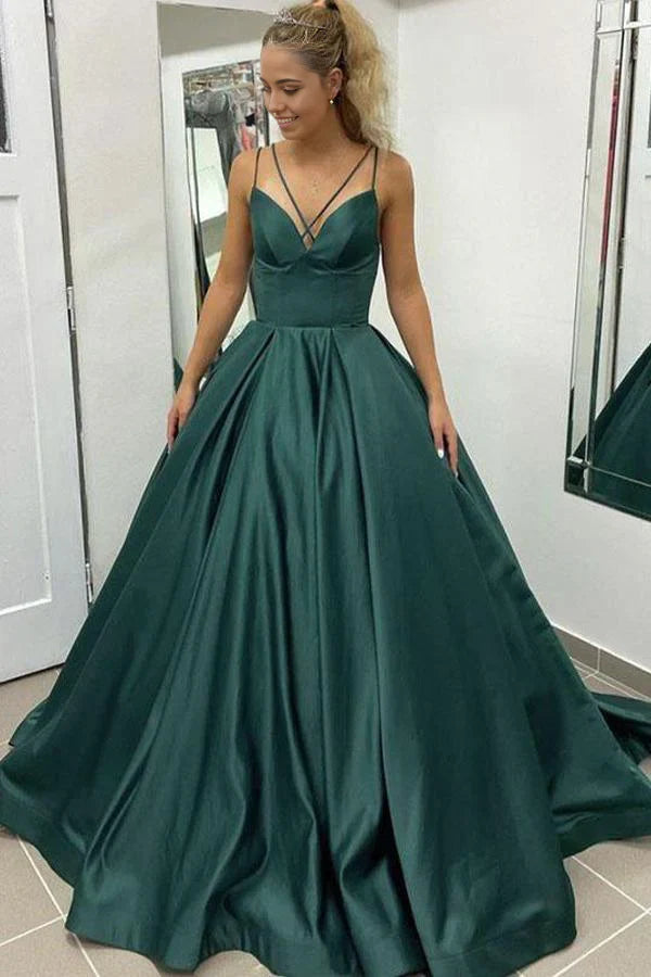 A-line Straps Simple Satin Formal Dress Prom Dress WIth Pockets