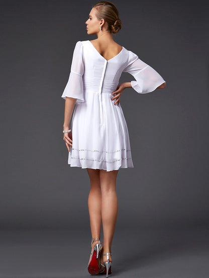 A-Line Chiffon V-neck 1/2 Sleeves Short/Mini With Beading Bridesmaid Dresses