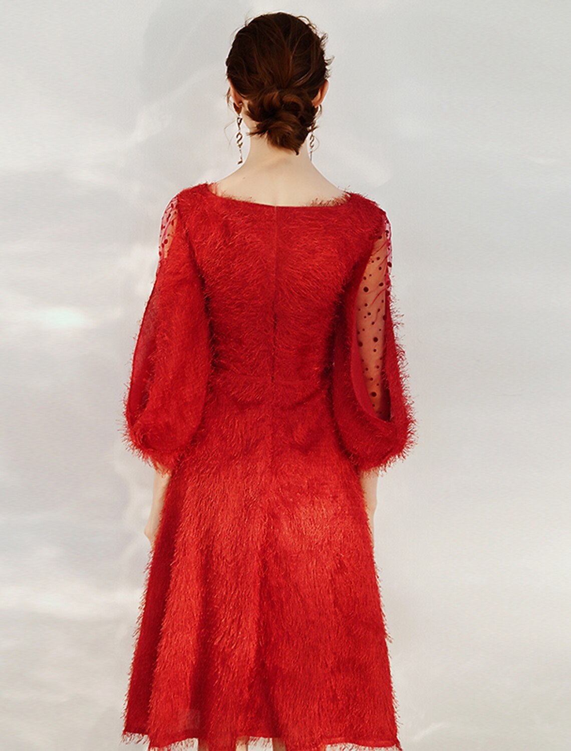 Vestido de cóctel de corte A, estilo princesa, largo hasta la rodilla, manga 3/4, cuello joya, nailon con faja/cinta, color puro.