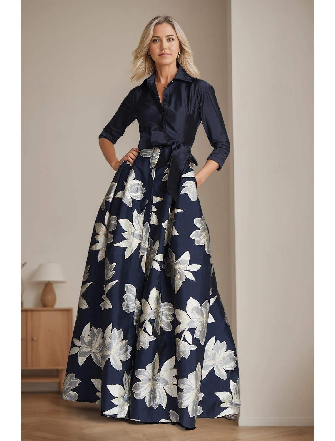 A-Line Mother of the Bride Dress Elegant Shirt Collar Floor Length Satin 3/4 Length Sleeve with Sash / Ribbon free custom size