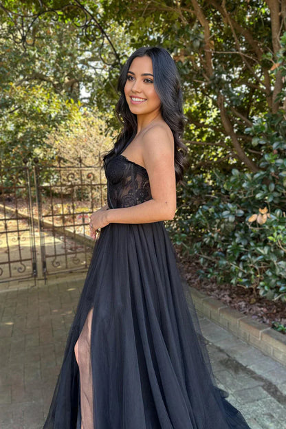 A-Linie Herzausschnitt Spitze Schwarz Langes Ballkleid Abendkleid