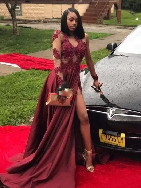 A-Line Long Sleeves V-neck Sweep/Brush Train With Applique Satin Dresses