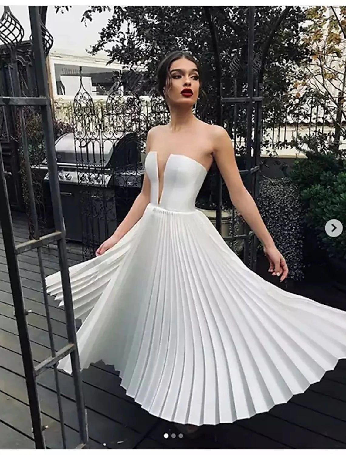 Vestidos de novia blancos de recepción, corte A, escote corazón, sin tirantes, largo hasta el tobillo, de encaje, con pliegues, color liso.