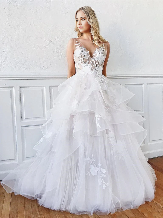 A-line V Neck White Backless Lace Floral Prom Dresses Evening Gowns Wedding Dresses