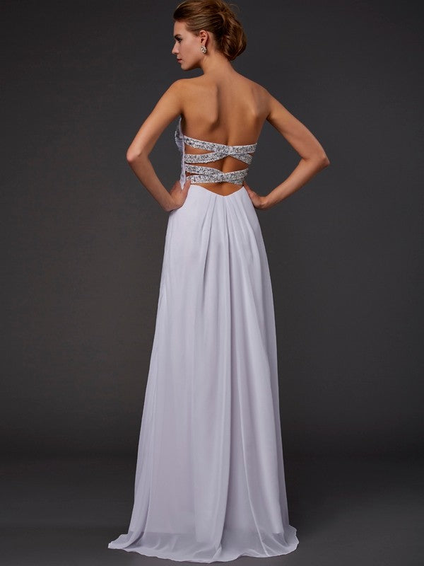 Sheath Chiffon Strapless Sleeveless Floor-Length With Beading Dresses