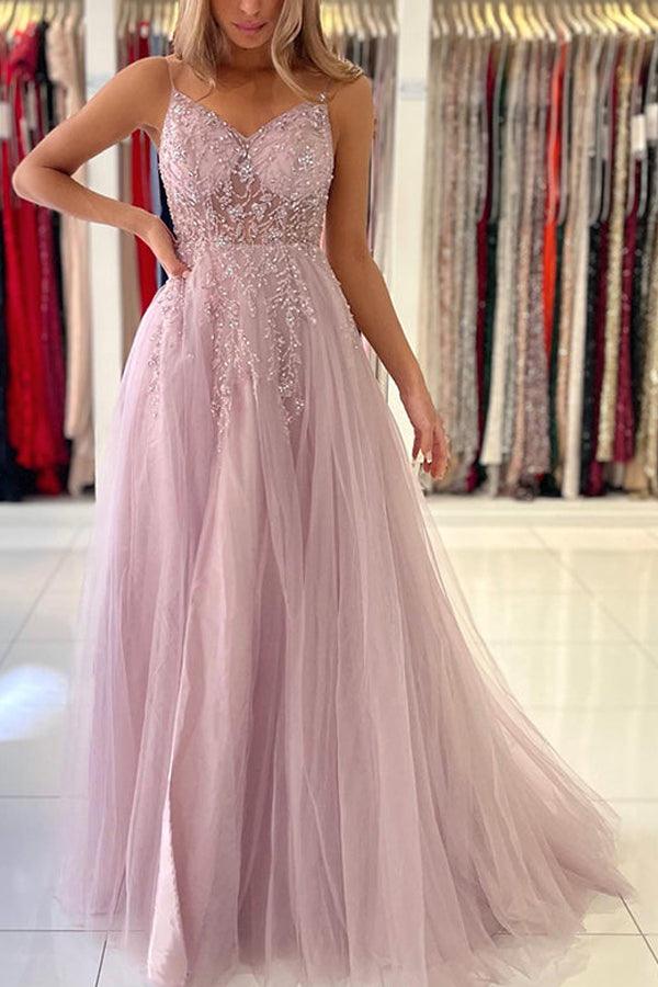 A Line V Neck Tulle Long Prom Dresses